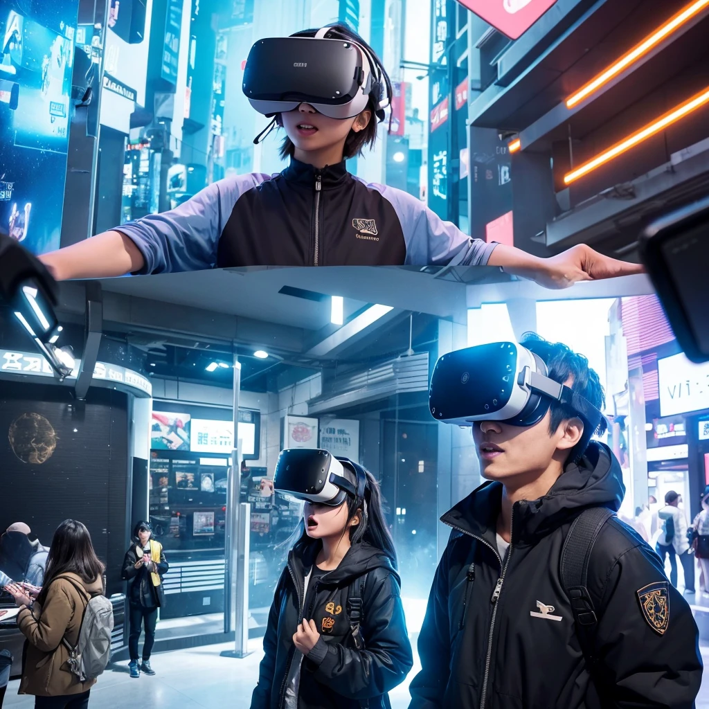 Got it。Imagine an illustration that depicts the following image:：

1. **Wearing VR goggles**: Draw a scene where a person is wearing VR goggles。The goggles have an advanced design and shape.、Give it a futuristic feel。

2. **Avatarization of people around you**: Shown on the VR goggles screen、It shows the people around you as avatars.。Avatars have realistic facial expressions and poses、It will give the feeling that you are communicating in a virtual space.。

3. **Conversation scene**: Through VR goggles、A person who has been avatarized々Draw a scene where you are having a conversation with。Natural and realistic communication、Expressing the joy of technology。

4. **Background and environment**: In the background of the depicted scene、Embrace the space with a contemporary and futuristic design。for example、Futuristic urban environments、A place with a lot of digital elements would be good.。

5. **Use of color**: Incorporate bright and vibrant colors。especially、Choose the right color tones to represent technological innovation and virtual reality。

Combining these elements、Wearing VR goggles, you can draw illustrations of people around you talking to you as avatars.。For your reference、Try to expand on the specific image.。