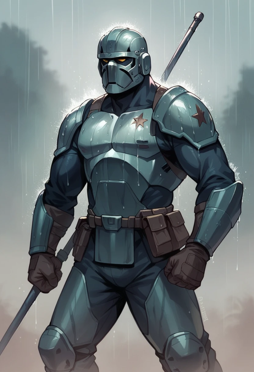 A Spartan fighting in the rain against a miserable King and surrounding these two were Spartans with spears watching the combat