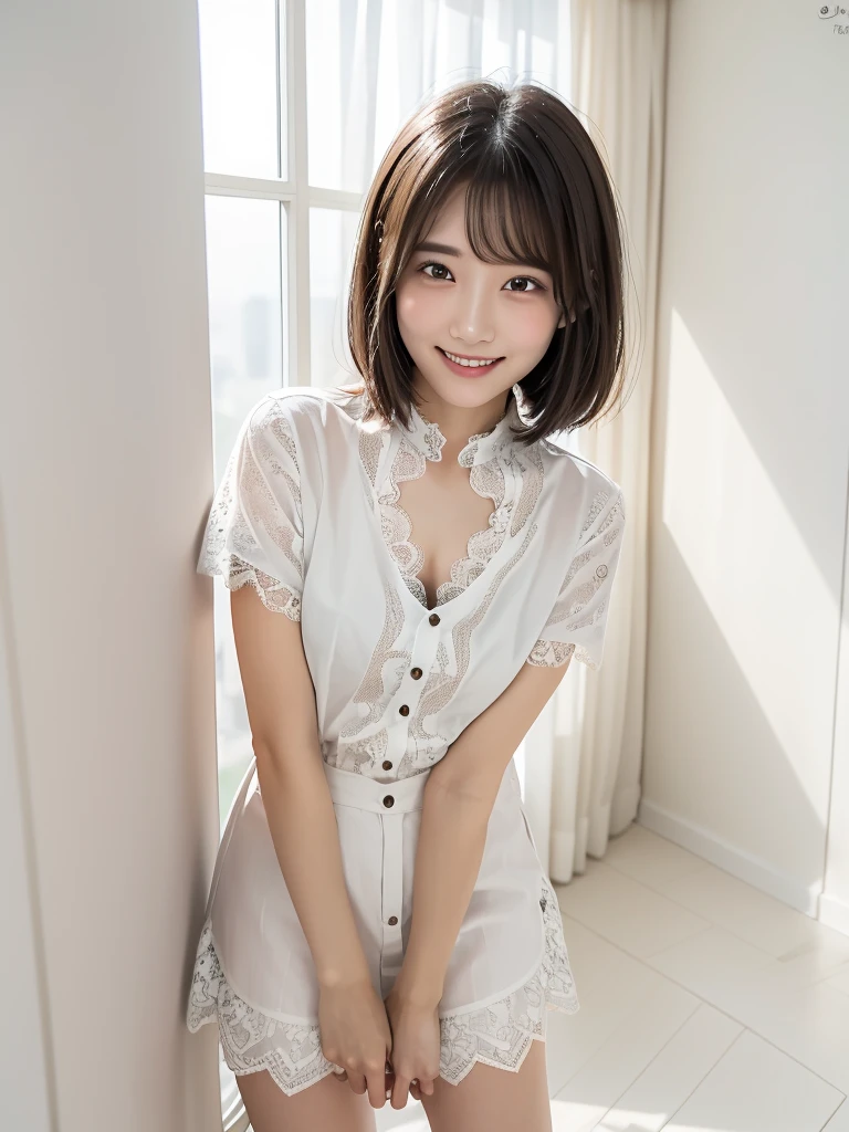 (Highest quality:1.9)、(High resolution)、Live-action image quality、((20-year-old woman、1 person))、Soft lighting by a professional photographer、Natural light、((Very spacious white luxurious room:1.6))、((Bright white room:1.6))、(Standing in front of a very luxurious white bed:1.2)、(White bookshelf background:1.1)、Natural soft light、((Black Hair Color:1.1))、Fair skin、Detailed Eyes、double eyelid、Slightly puffy cheeks、((Small Face:1.0))、((White lace short sleeve shirt、Please wear it with the chest open.:1.7))、((White and black striped skirt:1.2))、(Cute Smile)、((Girly pose 1.8))、((Straight medium-long hair:1.1))、((Full Body Shot:1.2))、((Height: 155cm))、Hands in front、Hold hands between legs、bangs、