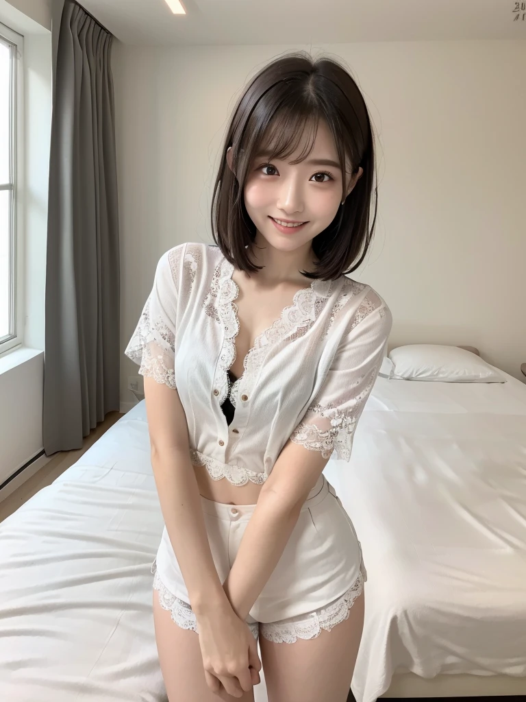 (Highest quality:1.9)、(High resolution)、Live-action image quality、((20-year-old woman、1 person))、Soft lighting by a professional photographer、Natural light、((Very spacious white luxurious room:1.6))、((Bright white room:1.6))、(Standing in front of a very luxurious white bed:1.2)、(White bookshelf background:1.1)、Natural soft light、((Black Hair Color:1.1))、Fair skin、Detailed Eyes、double eyelid、Slightly puffy cheeks、((Small Face:1.0))、((White lace short sleeve shirt、Please wear it with the chest open.:1.7))、((White and black striped skirt:1.2))、(Cute Smile)、((Girly pose 1.8))、((Straight medium-long hair:1.1))、((Full Body Shot:1.2))、((Height: 155cm))、Hands in front、Hold hands between legs、bangs、