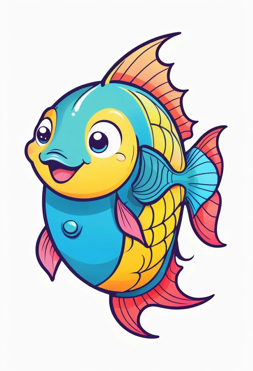happy colored fish, kawaii style, outline, vector, white background