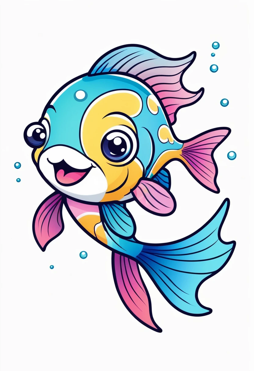 happy colored fish, kawaii style, outline, vector, white background