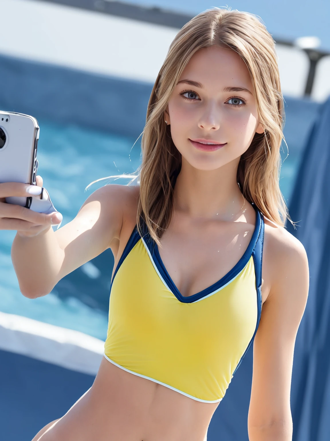 Beautiful young woman taking a selfie, Taken with iPhone camera、Swedish beauty,long hair((Sports swimwear:1.3)),Upper Body