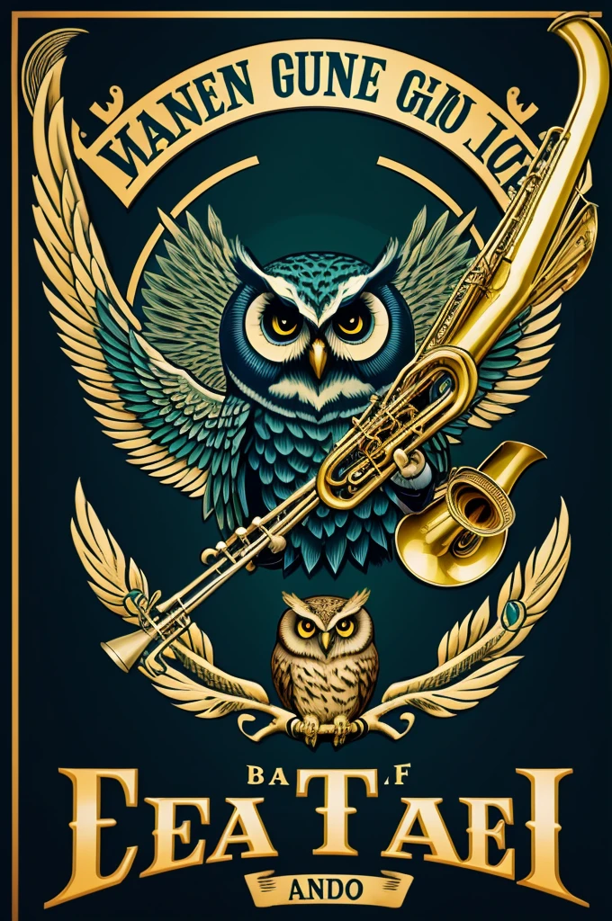 War band logos with an owl in the middle that has a trumpet with the colors navy blue green white and that bears the name of the guajojo band