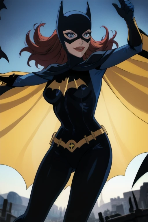 BarbaraG, 1girl, solo, long blue cape, blue mask, belt, gloves, blue eyes, superhero, long hair, bodysuit, lipstick, batgirl, park, smile,