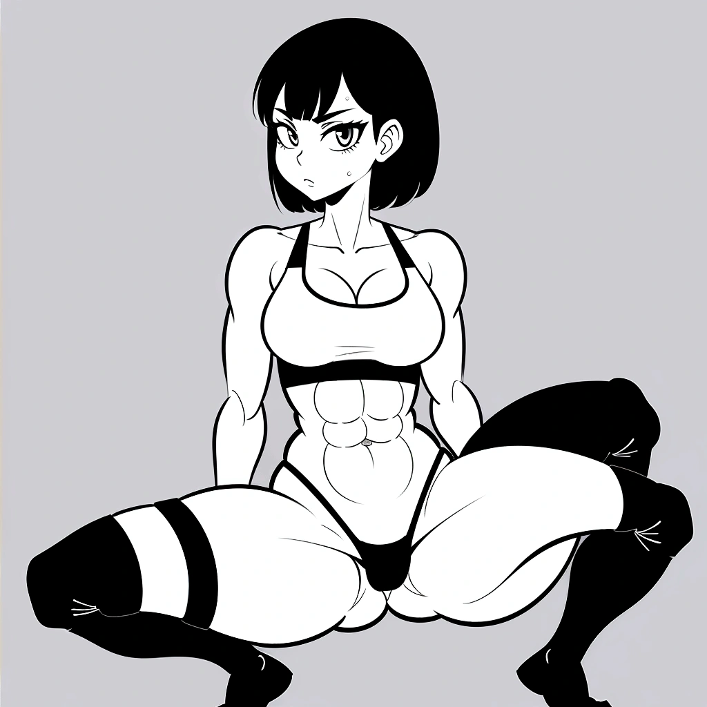 1girl,squatting,legs spread apart, front view, bike shorts, sports bra, sprite sheet, consistency, looking at viewer, lineart, monochrome, muscular abs girl, (thin waist), ((curvy)), ((wide hips)), short black hair, sexy, muscular thighs, full body