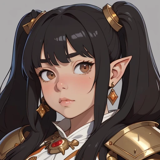 (masterpiece), (best quality),(portrait),(bust up),1girl,solo,(sharp focus),(look at viewer),(hime cut),dwarf girl,dwarf, short twintails ,bangs on eyes,fat ,ancient luxurious long clothes,armor,(simple background),old school fantasy art,super shiny face,Ultra Glossy Skin