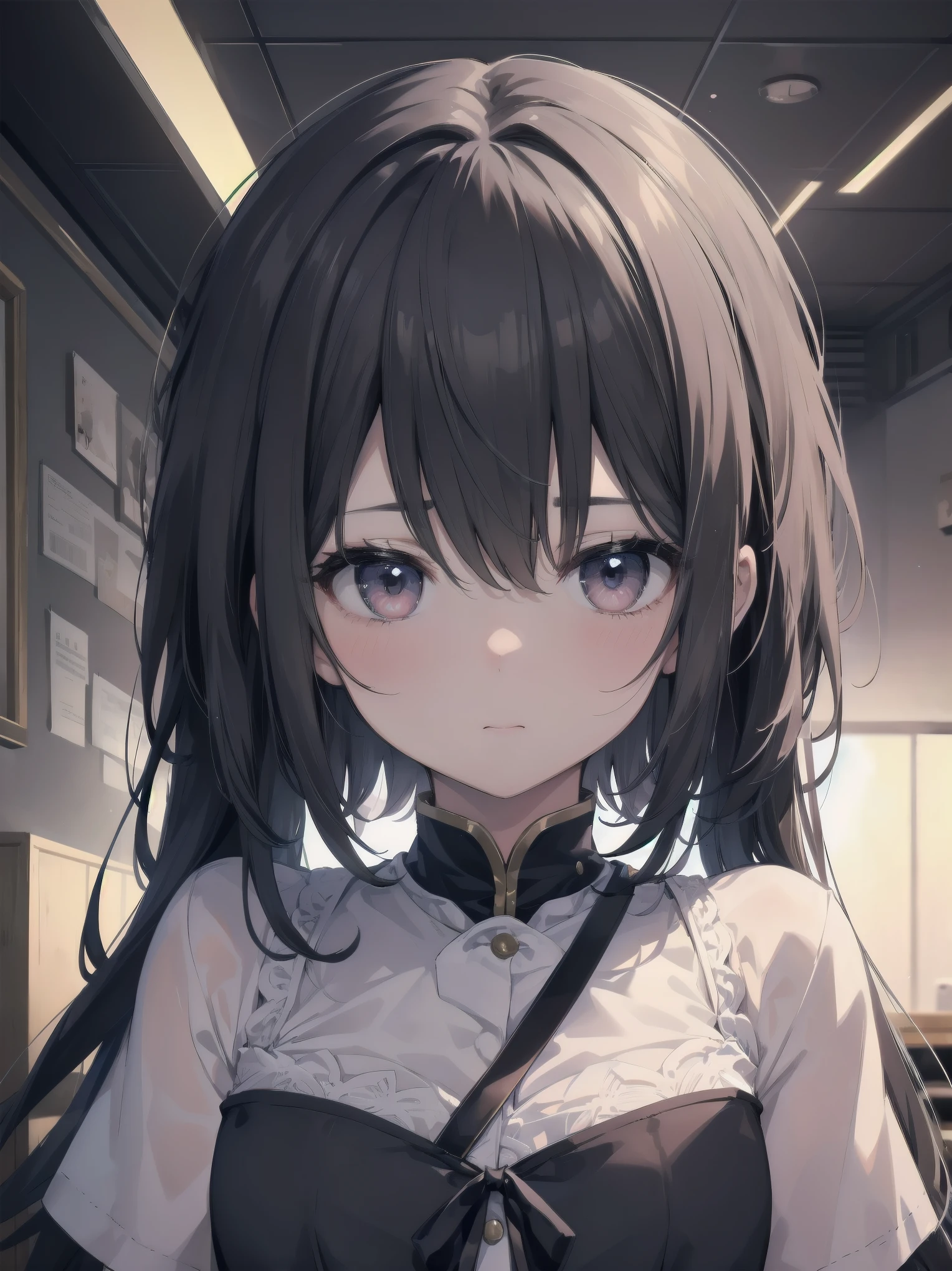 Masterpiece、Cinematic、Highest quality、Super detailed、Detailed clothing、Clear Face、Detailed face、Detailed skin、1人のgirl、14 years old、girl、、、Embarrassing、blush、Looking down、Loose wearing、A dark room、Blackout、Cute Pozu
