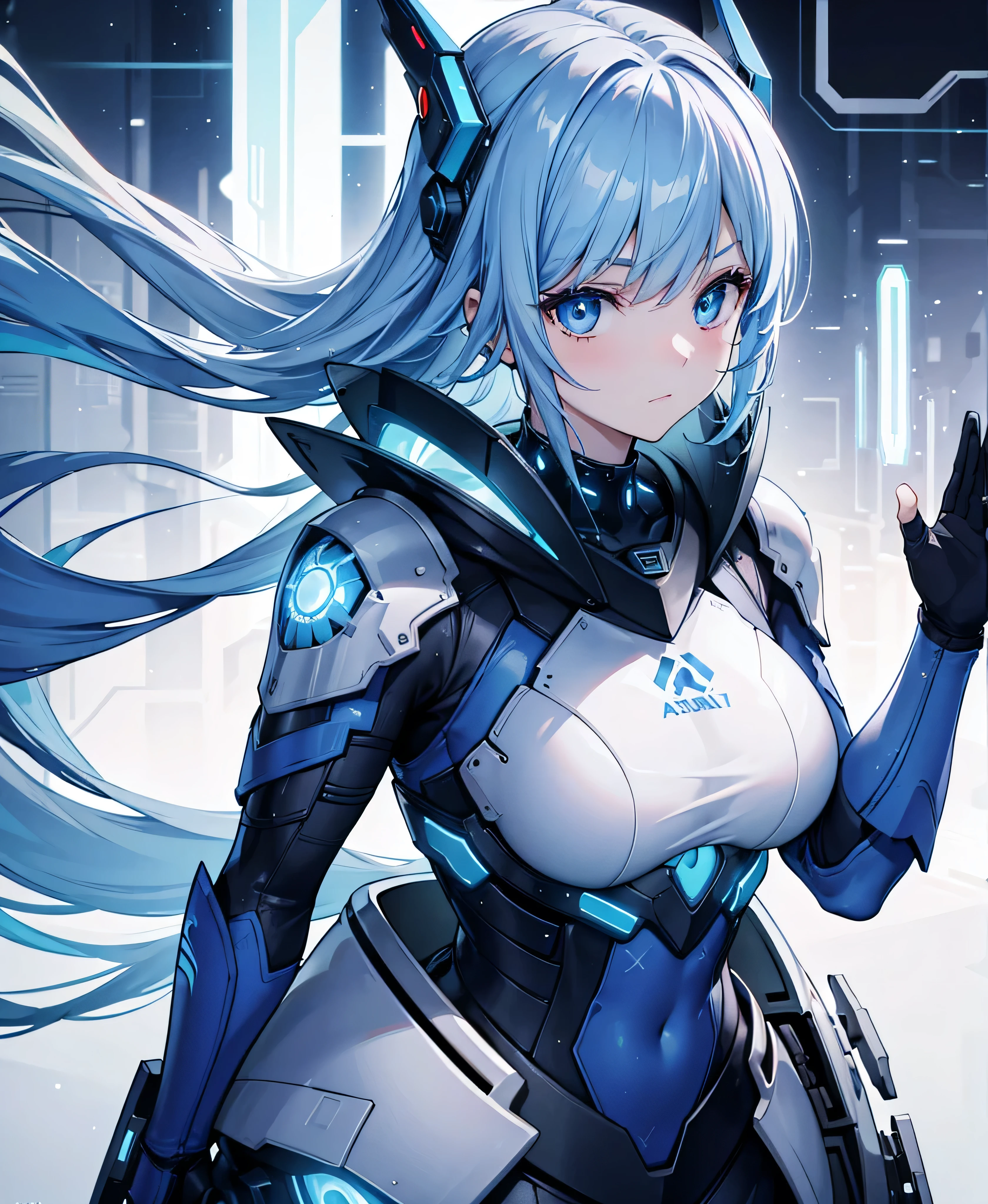 8K, Highest quality, (real:1.4), Original photo, 1 girl, Asari Hair, Biological Amplifier, refined armor, posture: Peace talks between warring factions, smart blue eyes,whole body