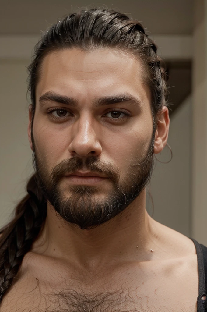 Close-up of the face of a very masculine and muscular man with thick, long dark beard, dark eyes, long hair pulled back into a high ponytail, side shave. extremely realistic.