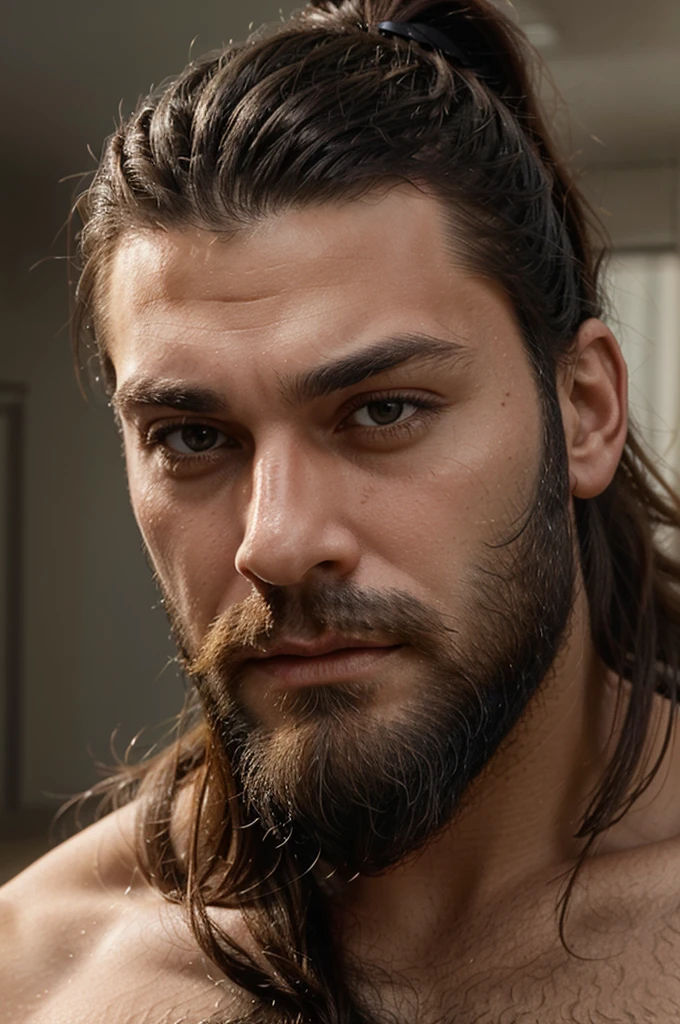 Close-up of the face of a very masculine and muscular man with thick, long dark beard, dark eyes, long hair pulled back into a high ponytail, side shave. extremely realistic.