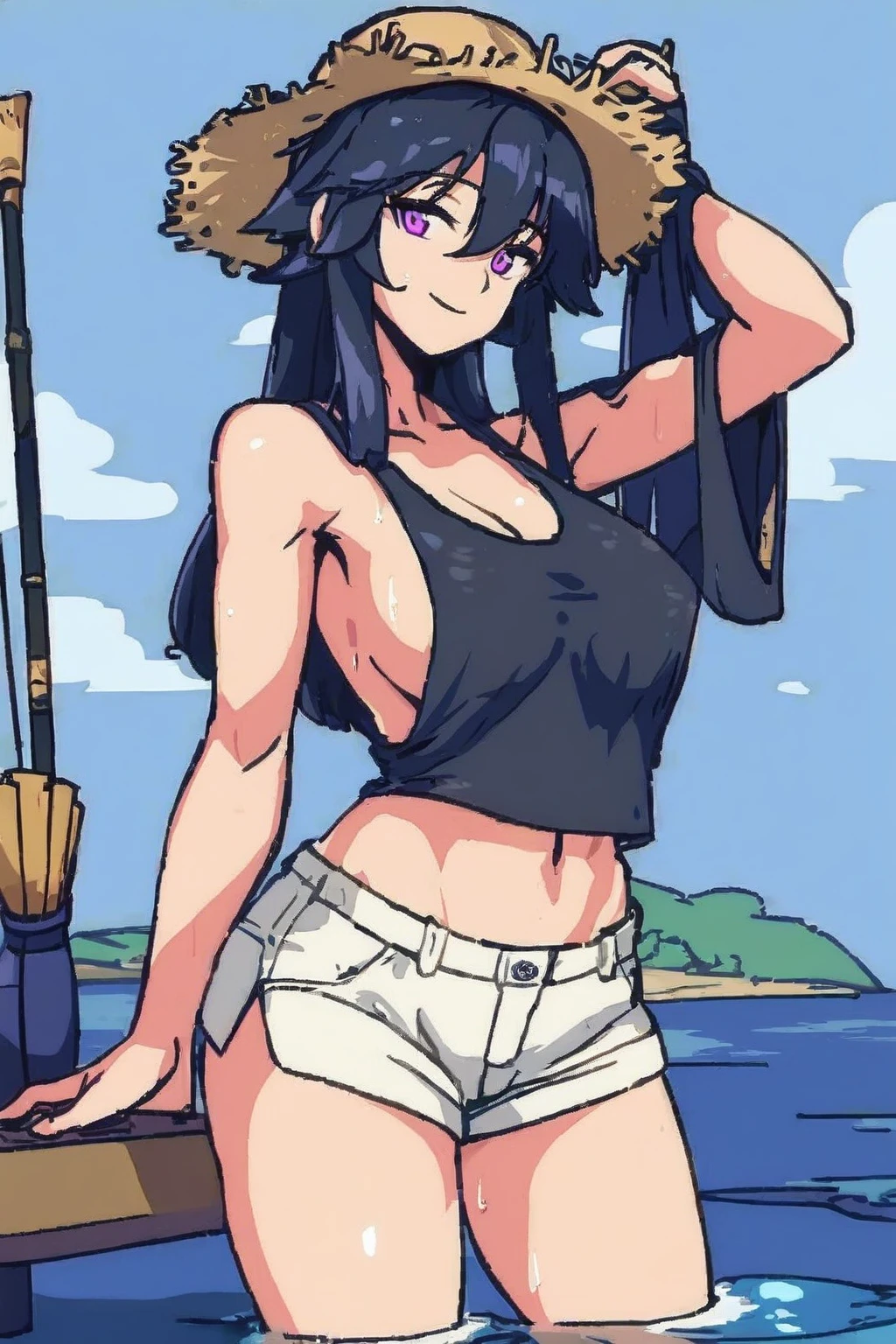 long straight black hair, mature woman, roung breasts, fit body, round ass, white stringer tank top, wet clothes, seethrough, wearing hot pants hentai, inside shore, straw hat, fisher woman, fishing rod, smiling, beautiful, 25 years old, white clothes, manhwa style, purple eyes, elegant woman, ruined noble lady, facing camera, body facing camera