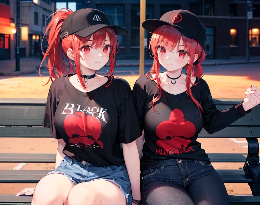 (Close-up:1.3),Realistic,Highest quality, Ultra Detail, High-quality CG rendering, The most delicate and beautiful, Floating softly, High resolution, (1 girl), (Highest quality,4K,8K,masterpiece:1.2),(All red hair:1.5), (ponytail:1.5),(Red eyes:1.5),(Slightly larger breasts:1.2 (All black T-shirt:1.3),(Black skinny jeans:1.3),(Black baseball cap:1.3),(Pitch black choker:1.3),(In the city,old buildings,(Sitting on a bench:1.3),smile