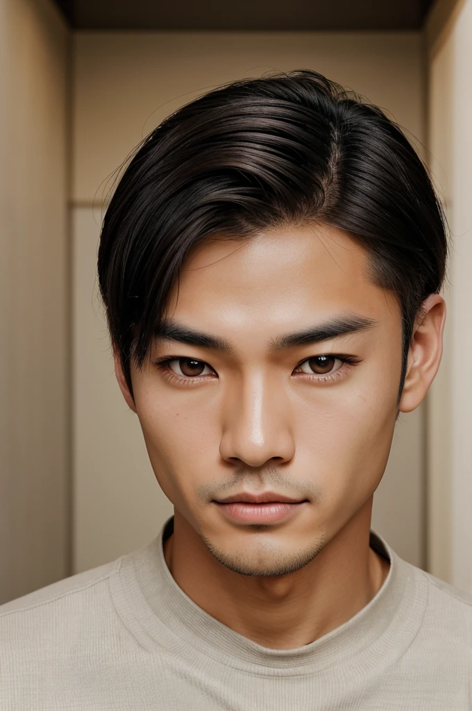 professional portrait photograph of a cute asian man, slim symmetrical face shape, big straight black eye brows, medium smooth light brown hair,bright skin,almond puppy eye, long dark lashes, perfect check bone with jawline, full harmony in the face, wearing black blazzer