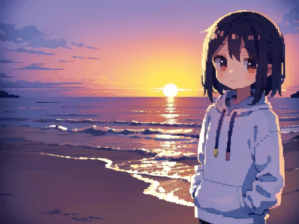 Sunset on the seaside road，A 17-year-old girl is looking at the camera with a reluctant look，Pixel style，Wearing a sweatshirt with his hands in his pockets, standing sideways，Upper Body，在镜头中的构图较为小且Located in the lower right corner of the camera，The lens is wide-angle and atmospheric，Located in the lower right corner of the camera，Pixel style