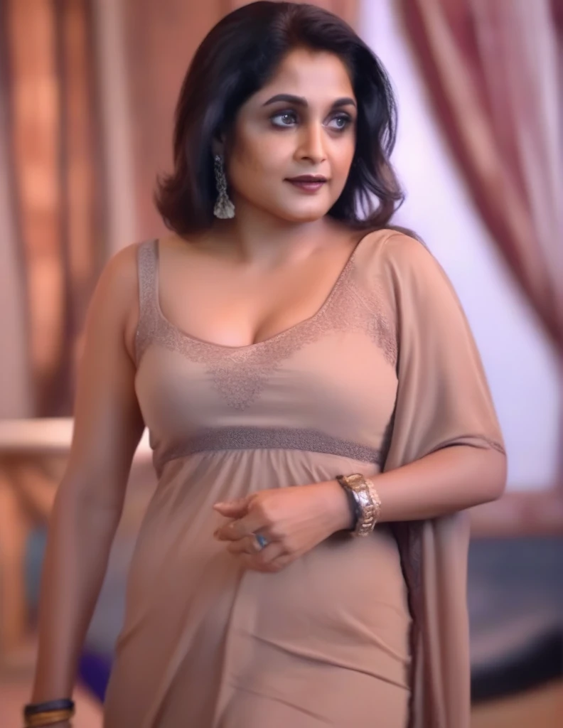 RamyaKrishnan,soft light, natural light, cinematic light, (depth of field), ideal female form, (((masterpiece, good quality, intricate details, high quality, (((without dress))), 8k, in focus, sharp focus)))intri , 4k, cinematic lighting((((big boobs)))) , (((nude body))) 