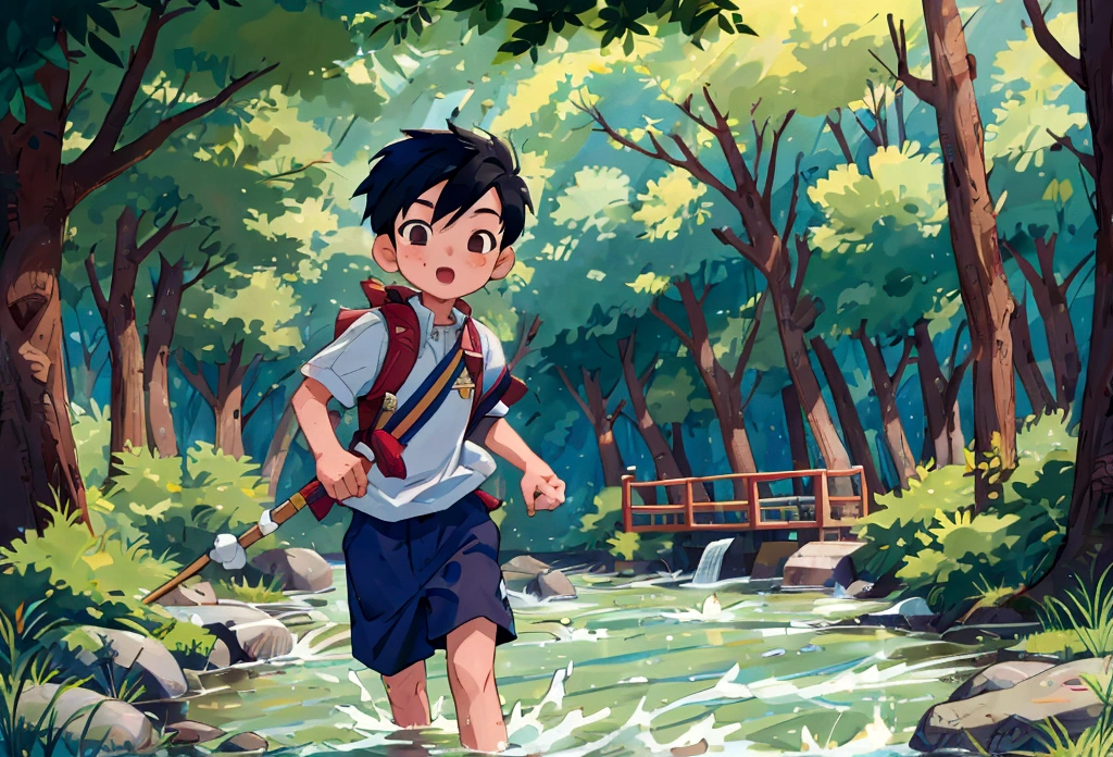 asian, boy, 15-year-old, background is river, playing river,