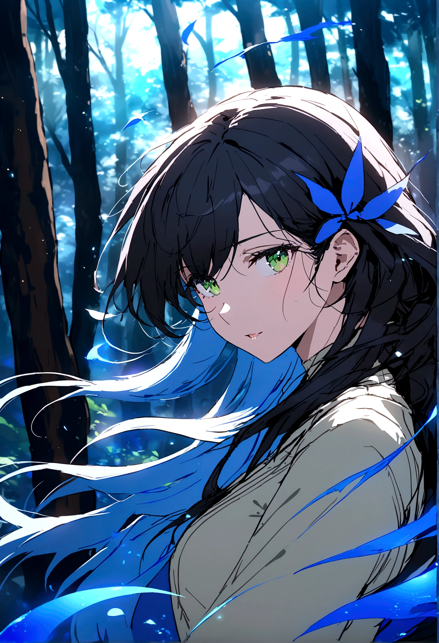 girl, black hair, long hair, green eyes, ,blue hair ornament pretty, mature, romantic space, ,Main face, front face, super close, beautiful eyes, sharp skin, mature beauty, hair flying in the wind, highest quality, forest, blue aura, standing sideways to left and looking to camera