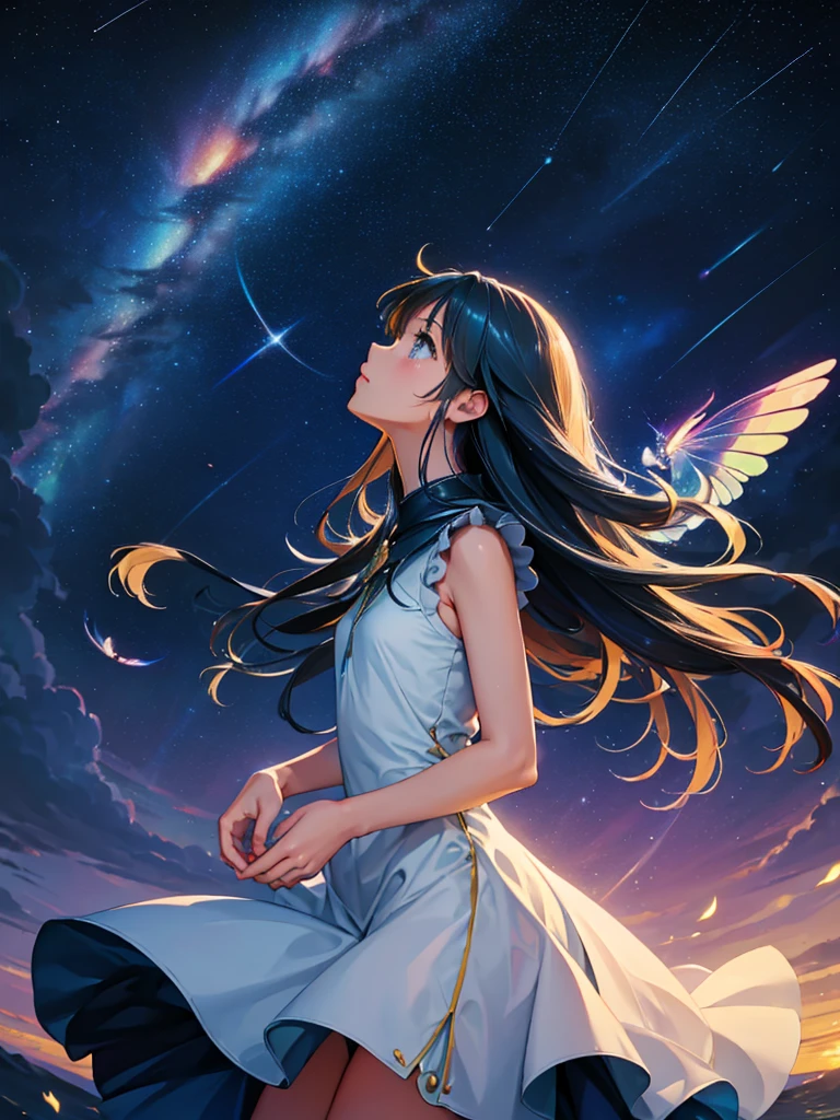 a beautiful woman, looking up at the sky, long hair, wearing a sleeveless knee-length dress, fluttering in the breeze, before dawn, starry skies, The Big Dipper shines, spectacular views