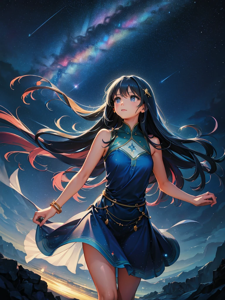 a beautiful woman, looking up at the sky, long hair, wearing a sleeveless knee-length dress, fluttering in the breeze, before dawn, starry skies, The Big Dipper shines, spectacular views