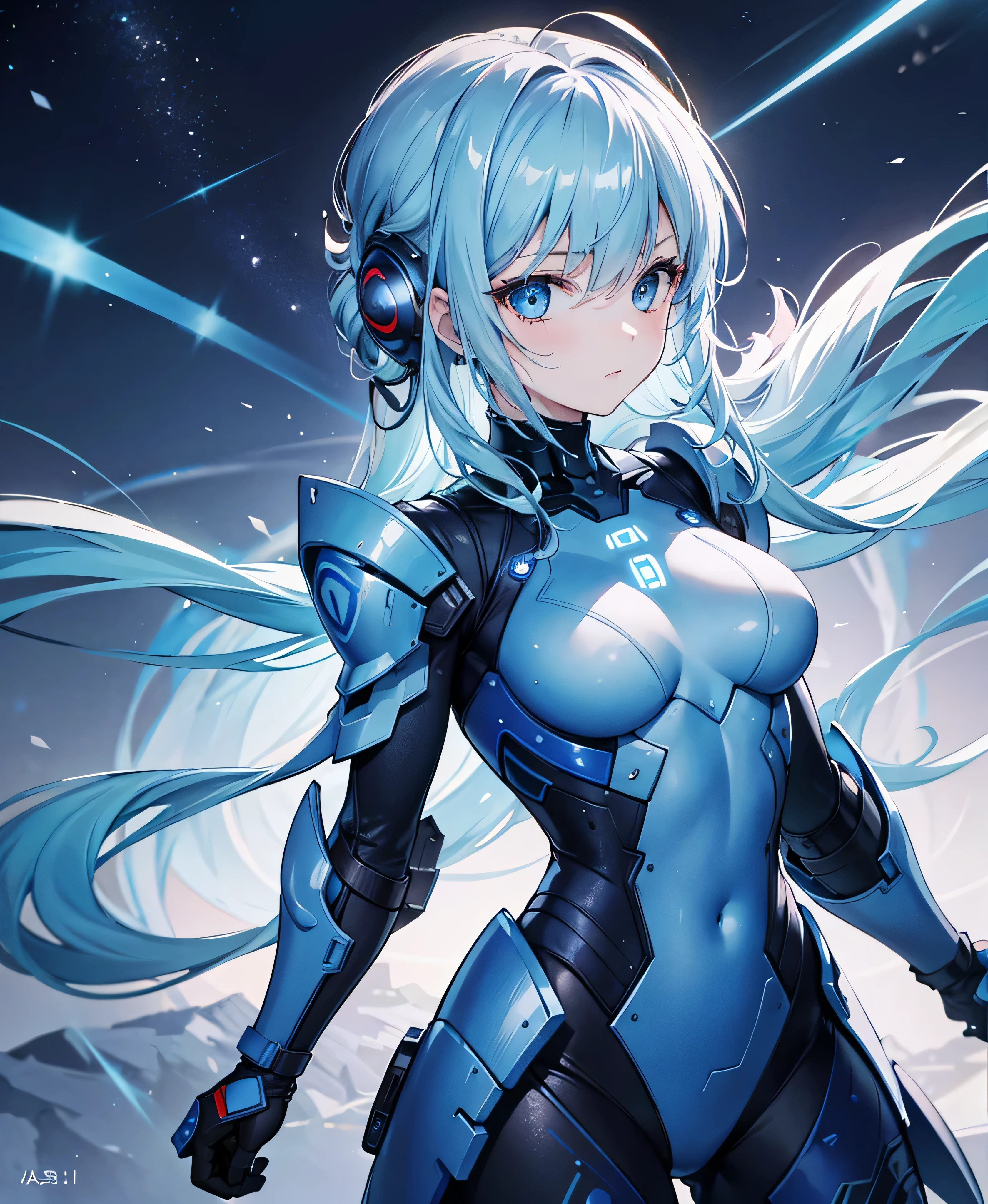 8K, Highest quality, (real:1.4), Original photo, 1 girl, Asari Hair, Biological Amplifier, refined armor, posture: Peace talks between warring factions, smart blue eyes,whole body