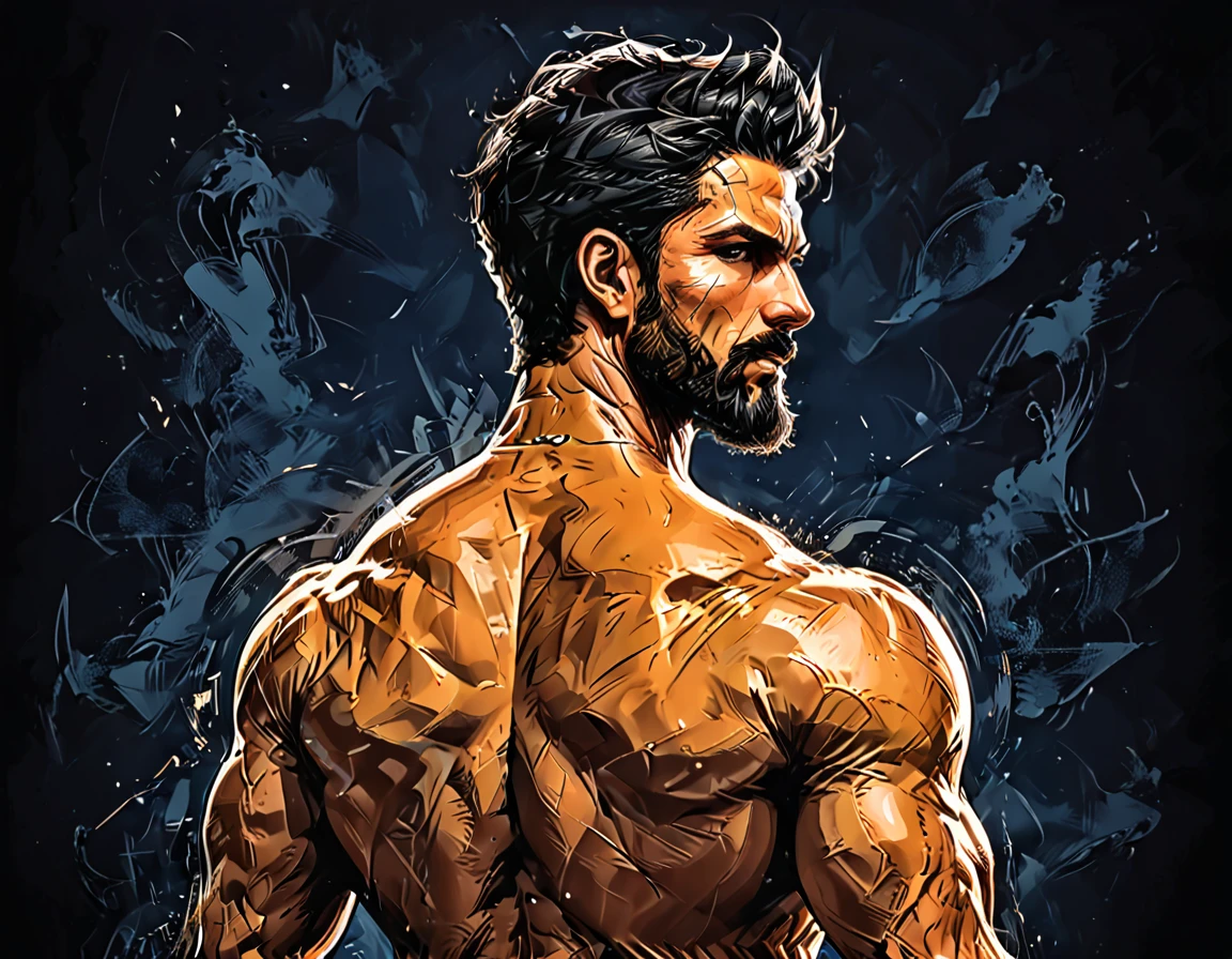 dark blue background,
Man from the back, Adult, Italian, Mesomorph Muscular body, perfect Olive skin, short Muscular neck, Rectangle faces, broad Muscular shoulders,   black short combed back hair, Designer Stubble black whiskers, triangular black hair beard, big muscles,       graphic style of novel comics, 2d, 8k, hyperrealism, masterpiece, high resolution, best quality, ultra-detailed, super realistic, Hyperrealistic art, high-quality, ultra high res, highest detailed, lot of details, Extremely high-resolution details, incredibly lifelike, colourful, soft cinematic light,