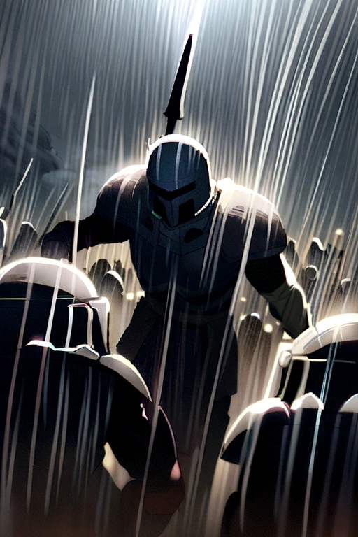 A Spartan fighting in the rain against a miserable King and surrounding these two were Spartans with spears watching the combat