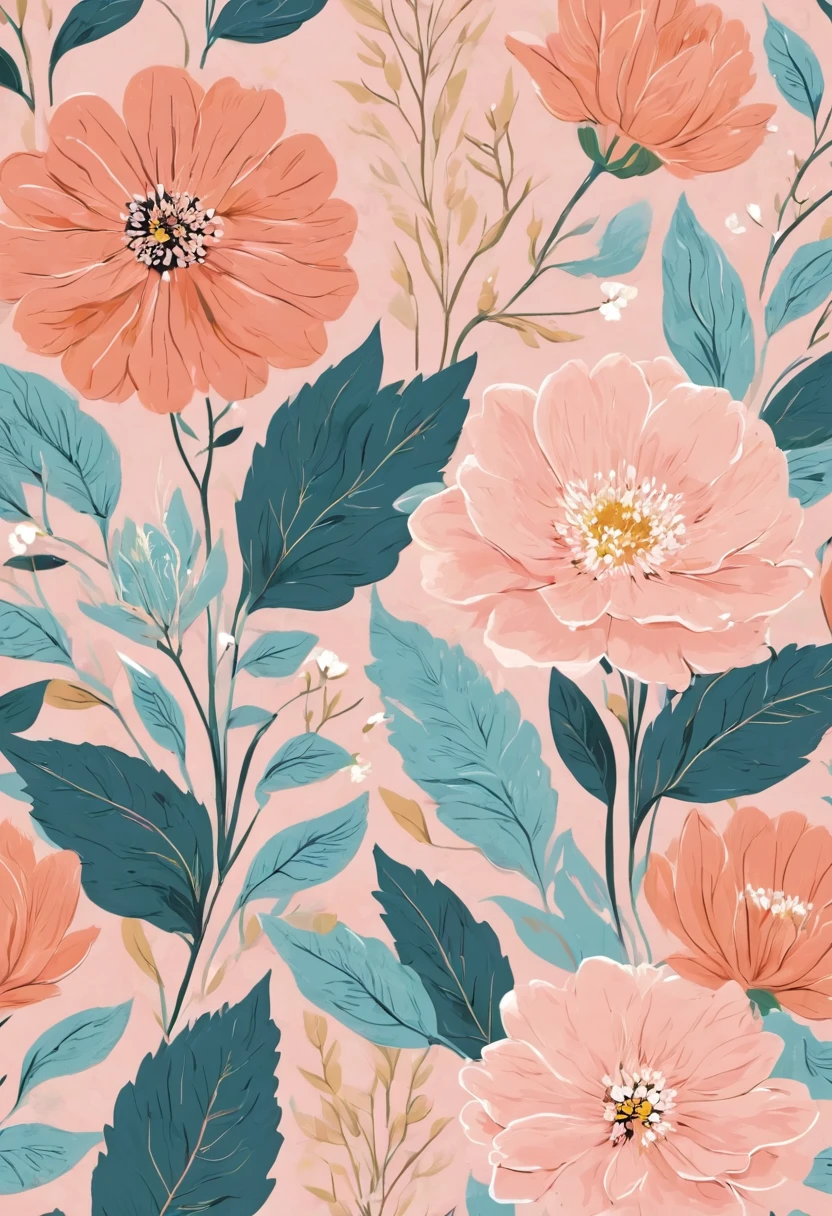 Set pattern of large flowers with plants, defined shape, flat style, vector style, drawing style, naïve style, wallpaper style, in soft pastel colors such as old pink, pastel blue, light blue, beige, pastel yellow. No shadows in the images.pink