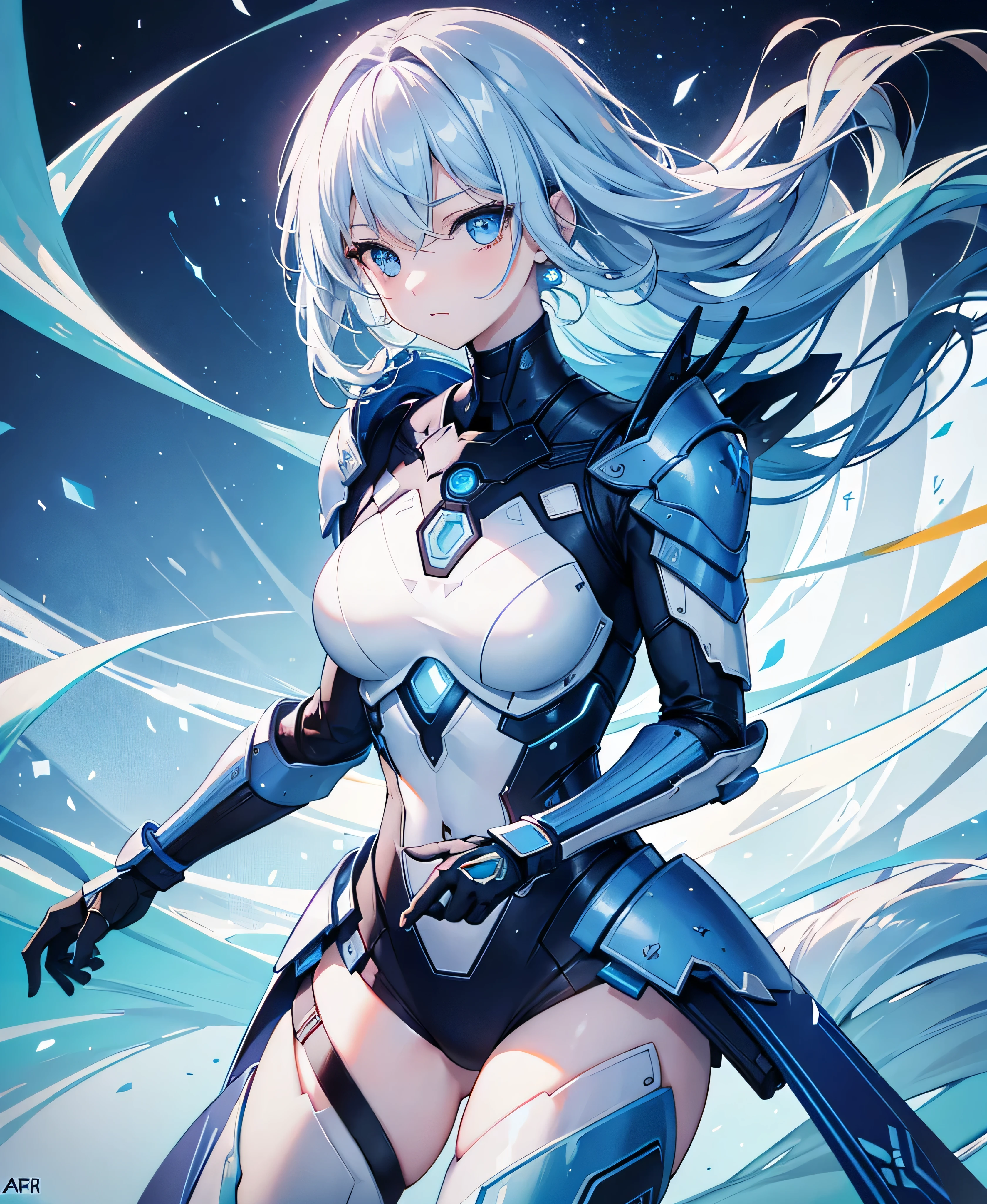 8K, Highest quality, (real:1.4), Original photo, 1 girl, Asari Hair, Biological Amplifier, refined armor, posture: Peace talks between warring factions, smart blue eyes,whole body