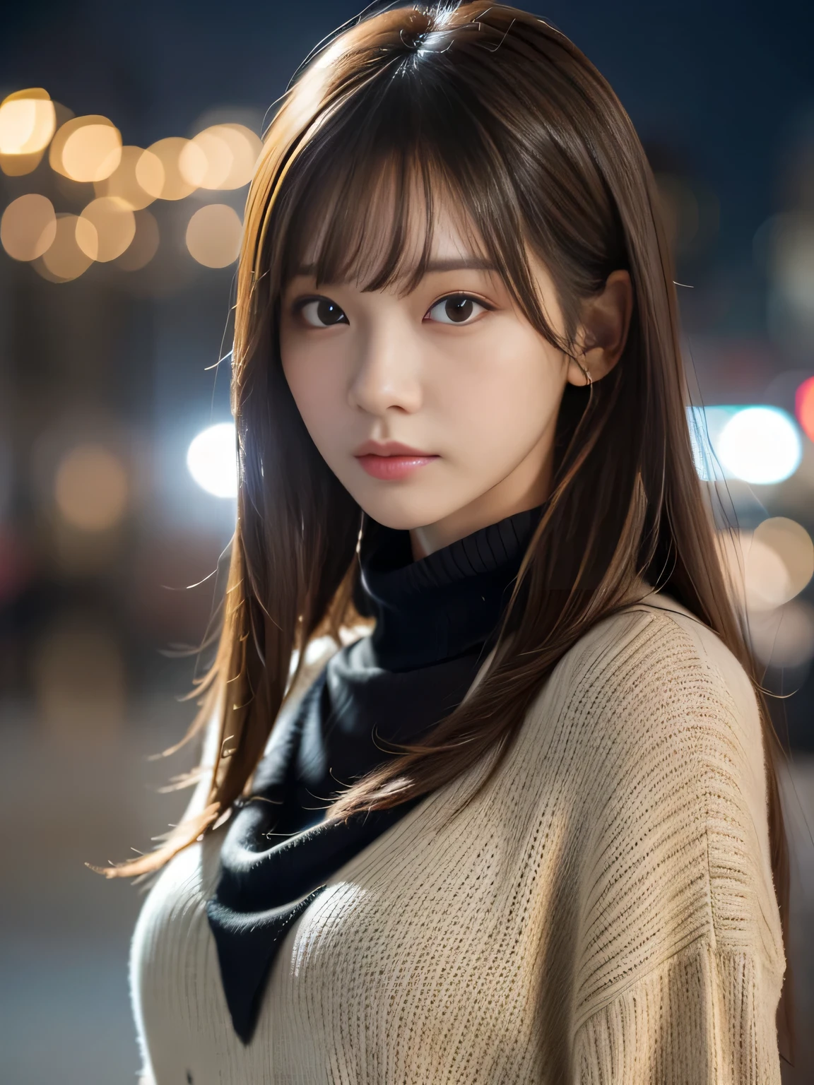 masterpiece, 1 beautiful girl, detailed eye, Puffy eyes, top-quality, high resolution, (Realisticity: 1.4), cinematlic lighting, Asian Beauty, Korea idol, Super beauty, Beautiful skin, slender, (A hyper-realistic), (hight resolution), (8K), (ighly detailed), (beautifully detailed eyes), (ultra-detailliert), (wall), detailed face, Bright lighting, profetional lighting, looking at viewert, Facing straight ahead, Black knitwear, oblique bangs, nighttime scene, Brown hair, age19, tall,