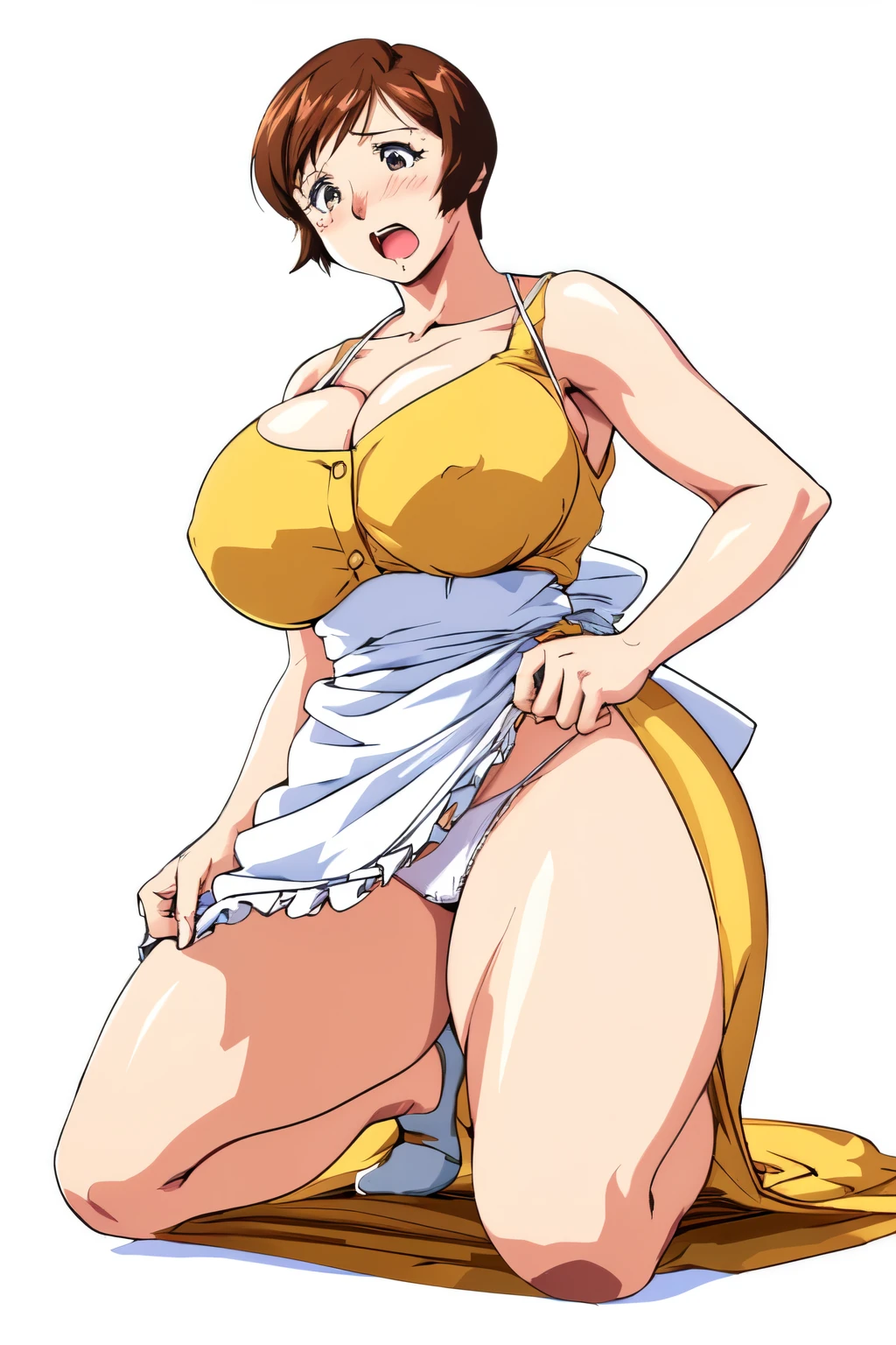 masterpiece, highest quality, High resolution, One girl, solo, sexual intercourse, Pornographic images, short hair, etsukoto, brown Eyes, fine grain, fine grain, (((Thick thighs, Plump thighs, Voluptuous thighs, Thighs alone are enough))), Huge and ample breasts, Cleavage, big long breasts, Naughty big,((big breasts are important))、((Naughty thighs)), L Cup, (thin:1.4),(Tight waist:1.4),  (yellow micro dress:1.4), ((white waist apron)), anguish, open mouth, blush, white panties,  (((Simple Background))), ((Wide Hips)), Shiny, Oily skin, Mature mother, Calf, Seductive mature woman, milf, Perfect body, Plus Size Model, curvy, ample, etsukoto, blush, clavicle, retro artstyle, 1990s (style), (thick thighs:1.4), Bare legs, kneeling, looking down,