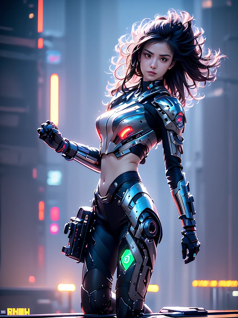 insanely realistic, thin waist, crop top navel, In the neon-lit night city, standing on the rooftop of a high-rise building, around 18 years old, with platinum medium-length straight hair swaying in the wind. Rendered in a realistic cyberpunk style, she was wearing a power suit rich with mechanical details. The power suit was designed with advanced technology, featuring intricate mechanical parts on her arms and legs, and a glowing emblem on her chest. Her pose was active and ready for combat, with one knee bent, one hand thrust forward, and the other hand clenched into a fist. Her expression was filled with determination, and her eyes, staring straight ahead, radiated a strong sense of resolve. In the distant sky, drones were flying, and the entire city was bathed in a futuristic glow. The perspective was slightly elevated, looking down on her, emphasizing her strength and determination.