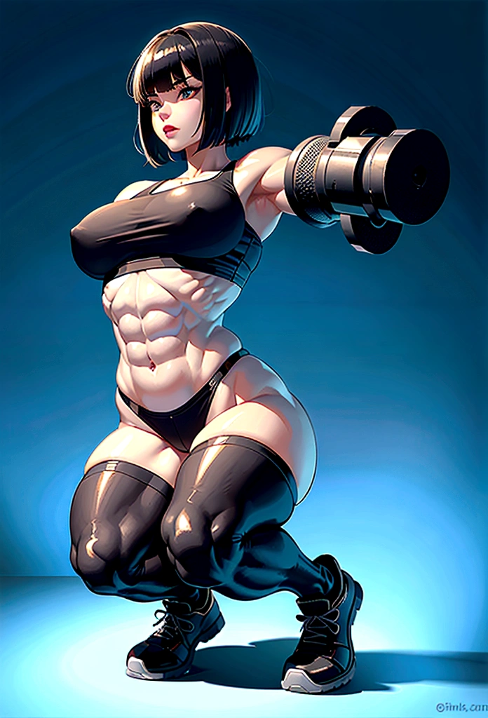 1girl,squatting,legs spread apart, front view, bike shorts, sports bra, sprite sheet, consistency, looking at viewer, lineart, monochrome, muscular abs girl, (thin waist), ((curvy)), ((wide hips)), short black hair, sexy, muscular thighs, full body