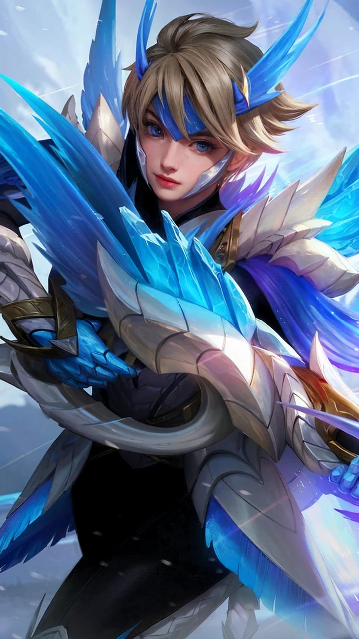Upscale and enhance the quality of the photo of the hero Kimmy with the Dragon Tamer skin from Mobile Legends. Make the details and textures on the costume and weapon sharper and more realistic. Ensure the bright colors and fantasy elements remain prominent, but add a touch of realism to the face and other features to make the character look more lifelike. Detailing the eyes, detailing the hair, detailing the color, more detailing.