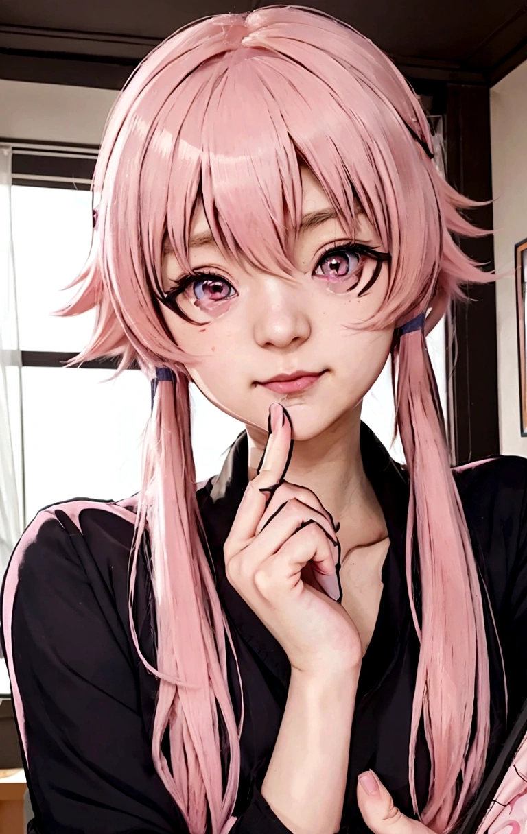 anime girl with pink hair and pink eyes holding a cell phone, gasai yuno, cute anime girl portraits, anime visual of a cute girl, extremely cute anime girl face, pink twintail hair and cyan eyes, gasai yuno, detailed portrait of anime girl, mirai nikki, fine details. Mirai nikki, from girls frontline, seductive anime girl