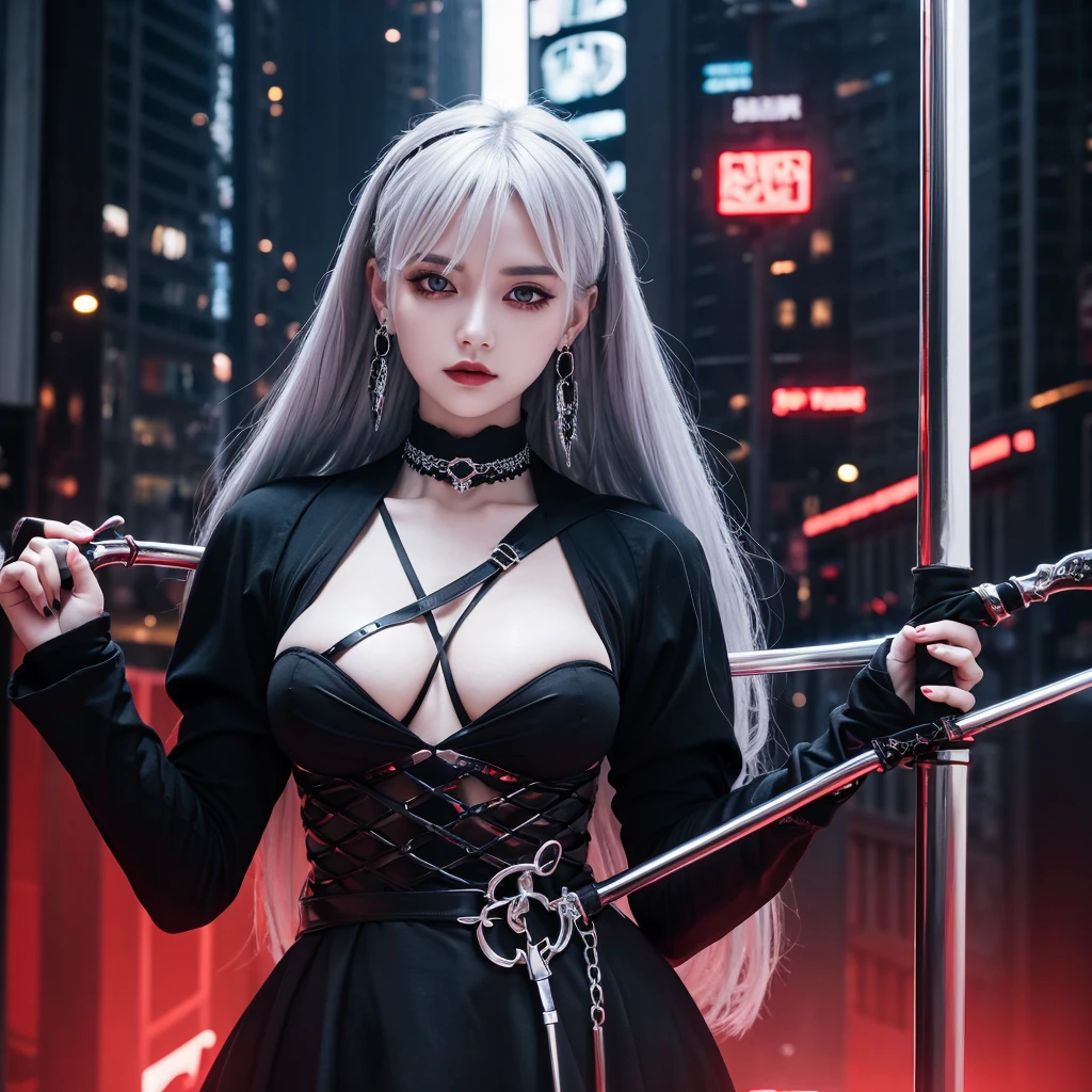 Alone　woman　Silver hair color　Scarlet Eyes　elegant　choker　Earrings　Gothic Lolita（black）　Grim Reaper　Detailed background with a man holding a big scythe　masterpiece　Curvy body Accurate human body Accurate 5-finger High contrast　4K Exquisite lighting and shadows　Cinema Lens Effects　Vibrant colors　Cyberpunk City

