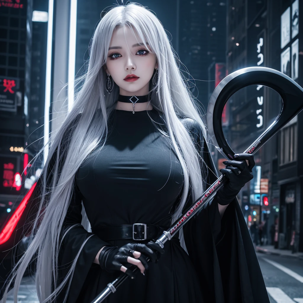 Alone　woman　Silver hair color　Scarlet Eyes　elegant　choker　Earrings　Gothic Lolita（black）　Grim Reaper　Detailed background with a man holding a big scythe　masterpiece　Curvy body Accurate human body Accurate 5-finger High contrast　4K Exquisite lighting and shadows　Cinema Lens Effects　Vibrant colors　Cyberpunk City

