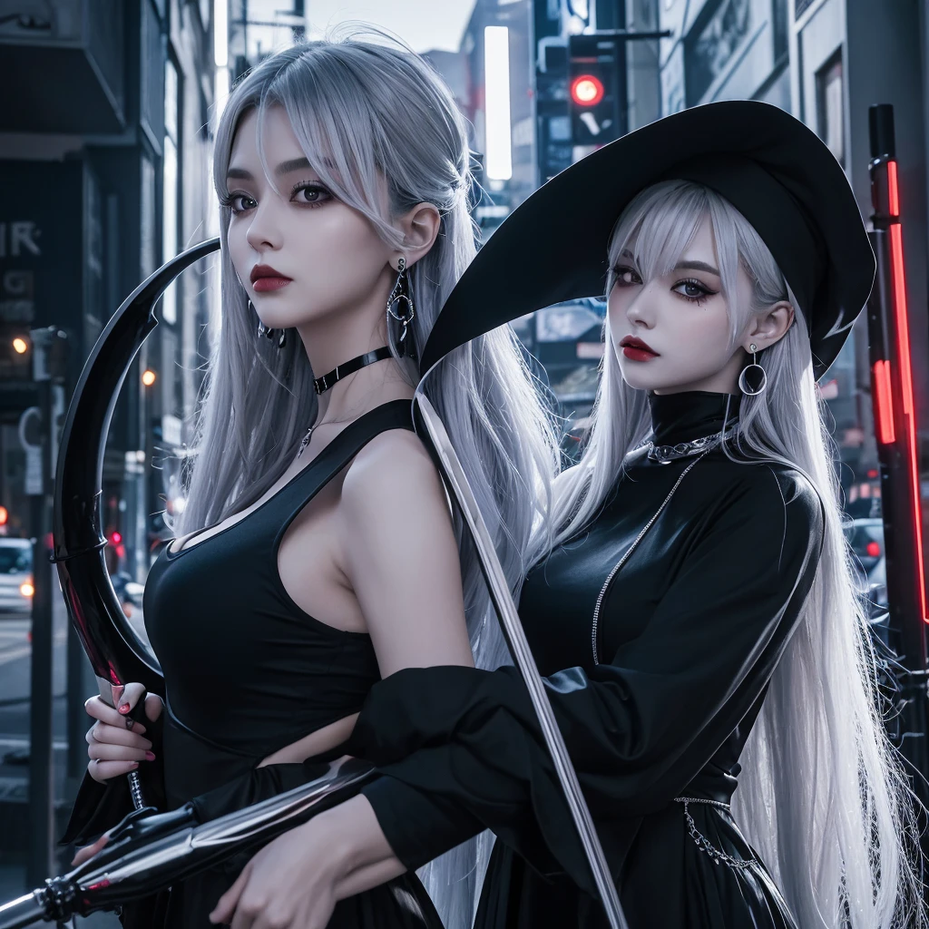 Alone　woman　Silver hair color　Scarlet Eyes　elegant　choker　Earrings　Gothic Lolita（black）　Grim Reaper　Detailed background with a man holding a big scythe　masterpiece　Curvy body Accurate human body Accurate 5-finger High contrast　4K Exquisite lighting and shadows　Cinema Lens Effects　Vibrant colors　Cyberpunk City
