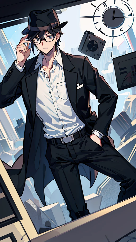 Young man, black shorts hair eyes gray, glasses, black Fedora hat, black suit, black pants, pocket clock, strong