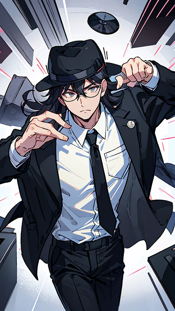 Young man, black shorts hair eyes gray, glasses, black Fedora hat, black suit, black pants, pocket clock, strong