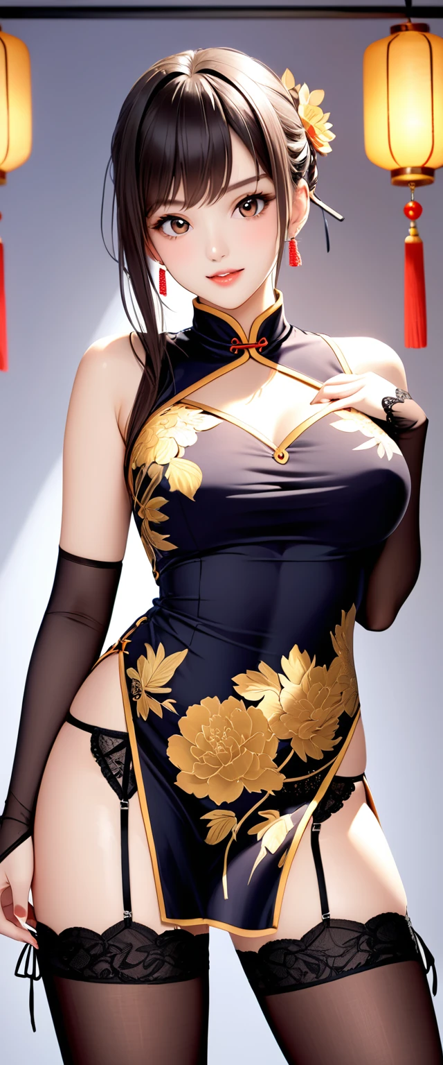 High resolution, adult woman , good lighting, despicable, , (No nudity), (((China dress))), (()), ((())), (garter belt), abdomen only, (), , cute face, I'm embarrassed and blush, humiliating, ((turn around and look back)), ((See-through))()(T-back)(a large amount of is on the body,)