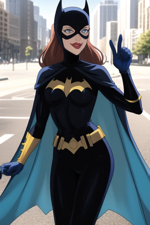 BarbaraG, 1girl, solo, long blue cape, blue mask, yellow belt, yellow gloves, blue eyes, superhero, long hair, bodysuit, lipstick, batgirl, park, city, smile,