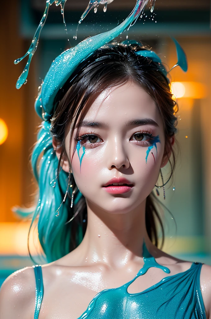 (Outrageous quality,high resolution,masterpiece),(realism,realistic), (The art of drawing the body in various colors, glowing paint:1.23), ((Screen with splashing liquid flowing down, fluid paint:1.35), very detailed:1.13), (((In a pool of bright and colorful paint:1.1))),