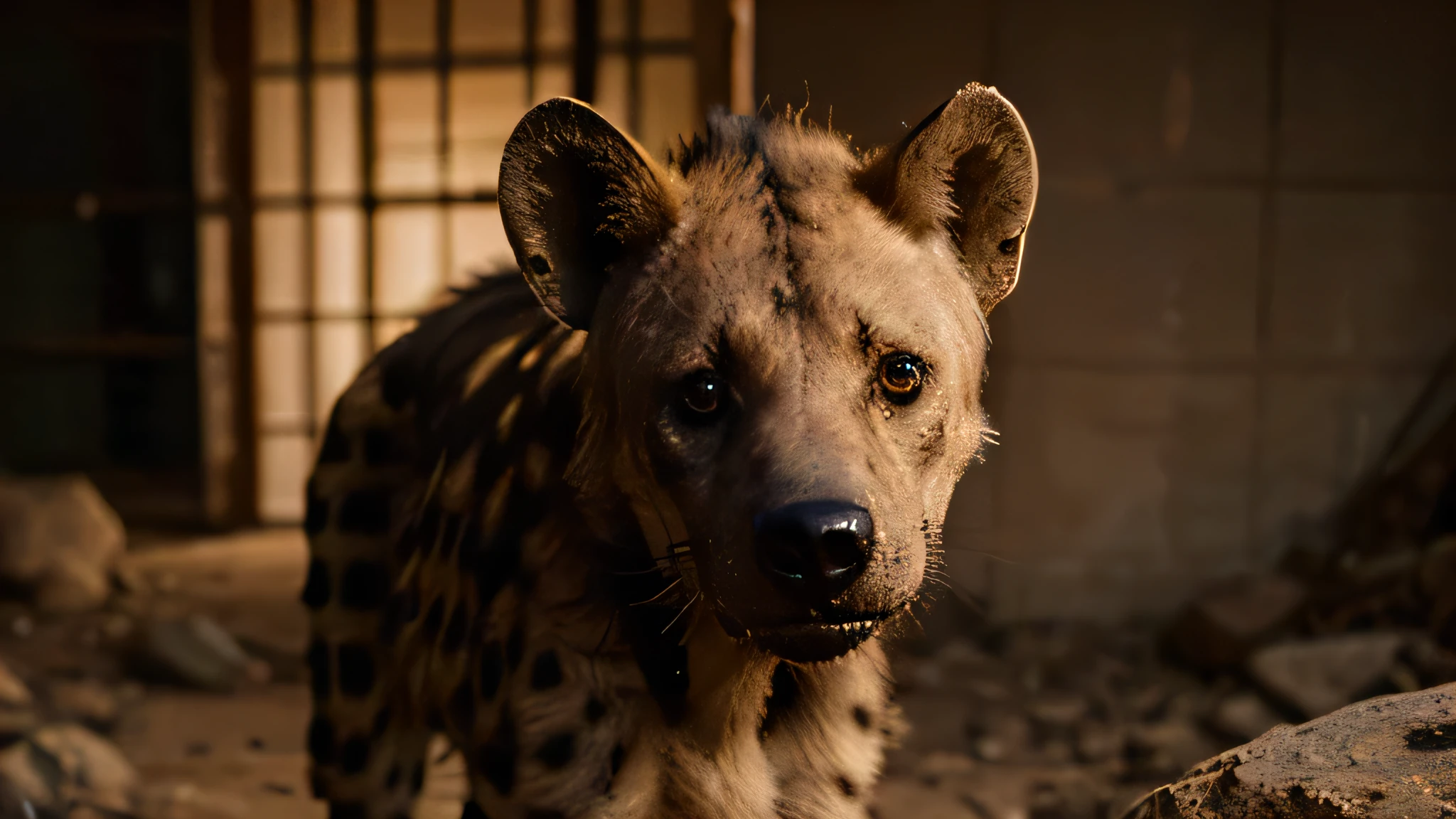 Handsome, hyena, #10: Messy Bangs, Wearing a light button-down shirt, Navy Blue Collar, There's a mischievous twinkle in the eyes, blue eyes, Medium build, Good eyes, Warm lighting, 8k semi-realistic, Low Angle, Small laugh, Paws(There are 4 numbers on the paw)