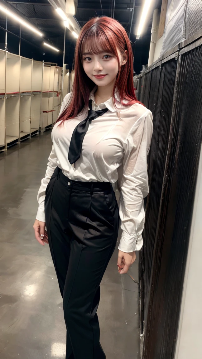 Highest quality、Ultra-high resolution、Professional Lighting、Detailed Background、workroom、full body,Kobeni-chan、A sloppy smile、25-year-old woman、beautiful girl、(Kobeni-chan、Jet black hair, Black Hair, bangs, One-sided hair,)、(Red Hair Clip:1.1)、(White shirt:1.2)+(Black tie:1.2)+(black long pants for work:1.2)、(Huge breasts that look like they might burst:1.2)、(Big thighs:1.1)、Are standing、Model pose
