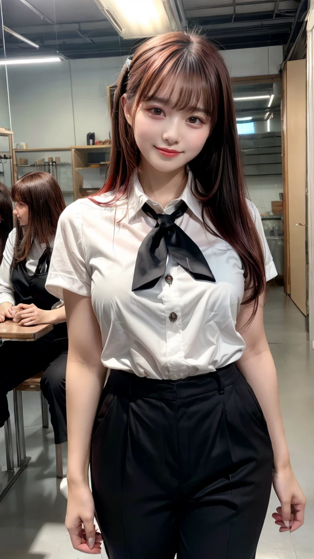 Highest quality、Ultra-high resolution、Professional Lighting、Detailed Background、workroom、full body,Kobeni-chan、A sloppy smile、25-year-old woman、beautiful girl、(Kobeni-chan、Jet black hair, Black Hair, bangs, One-sided hair,)、(Red Hair Clip:1.1)、(White shirt:1.2)+(Black tie:1.2)+(black long pants for work:1.2)、(Huge breasts that look like they might burst:1.2)、(Big thighs:1.1)、Are standing、Model pose