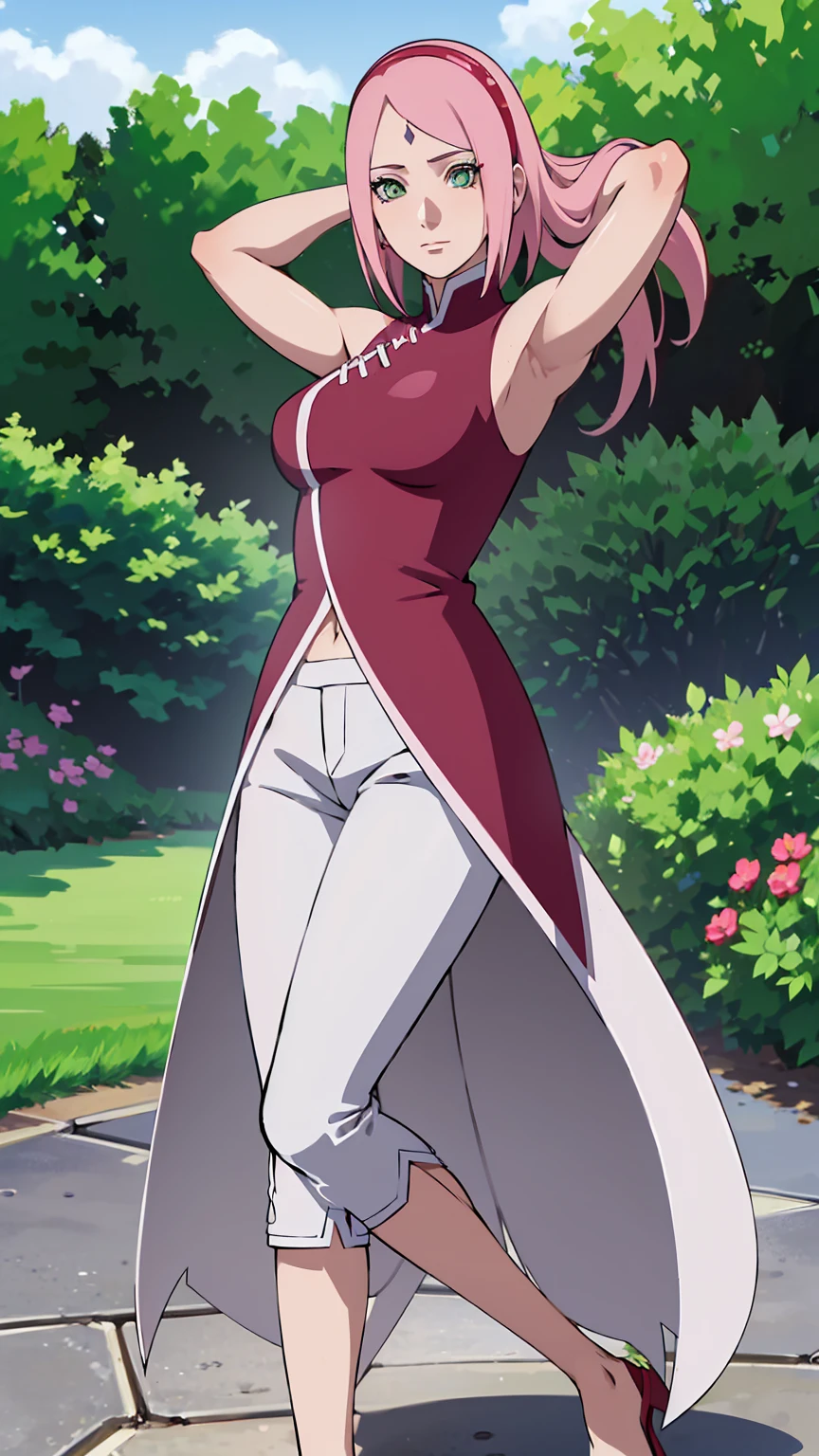 Masterpiece,stunning realistic,best quality,sharpess,1 girl,forehead mark,sakura haruno,pink hair,green eyes,forehead mark,red sleveless dress,white pants,middle large breasts,arms behind head,closeup,standing in a garden,half body,only upperbody,