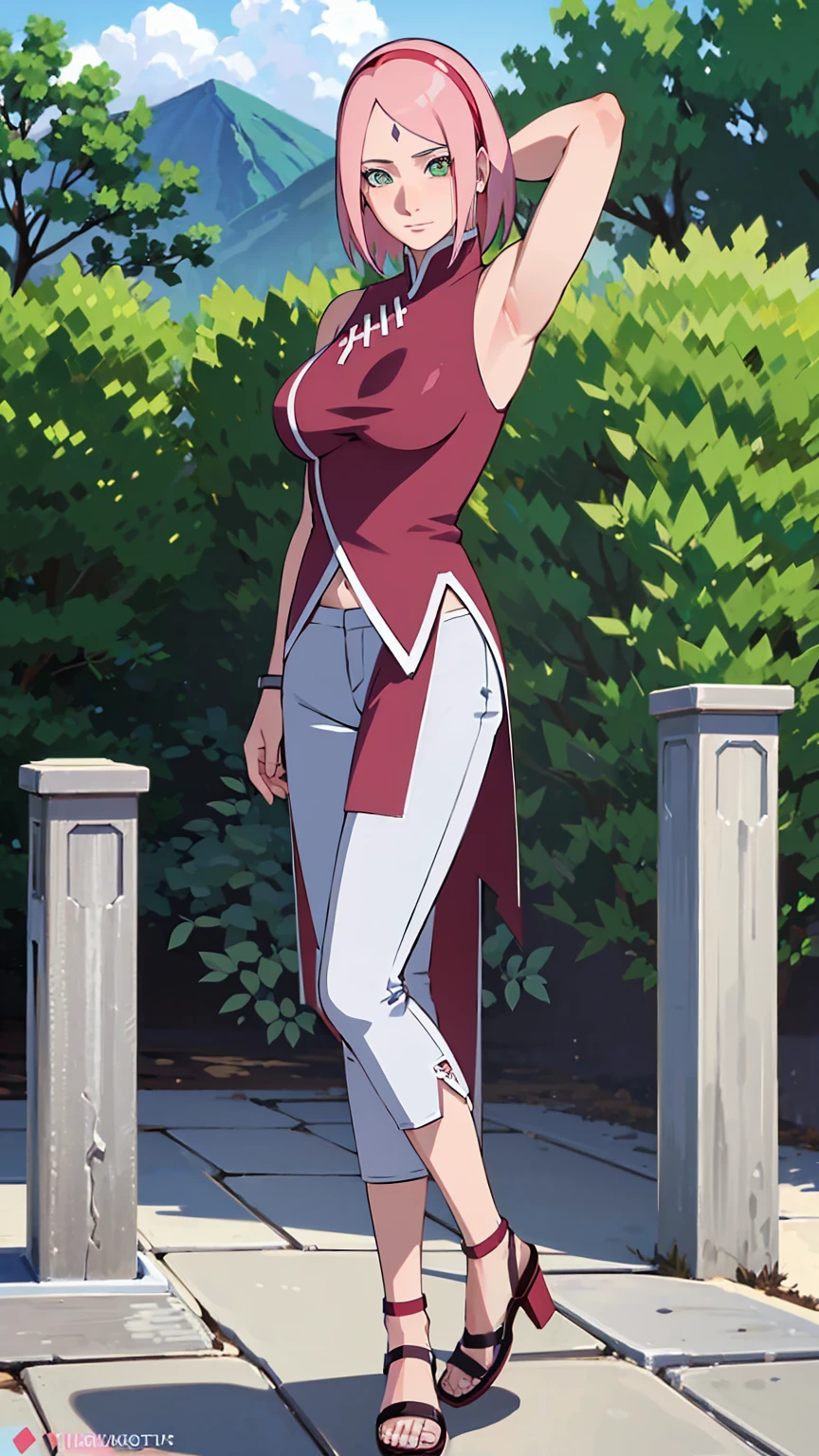 Masterpiece,stunning realistic,best quality,sharpess,1 girl,forehead mark,sakura haruno,pink hair,green eyes,forehead mark,red sleveless dress,white pants,middle large breasts,arms behind head,closeup,standing in a garden,half body,only upperbody,