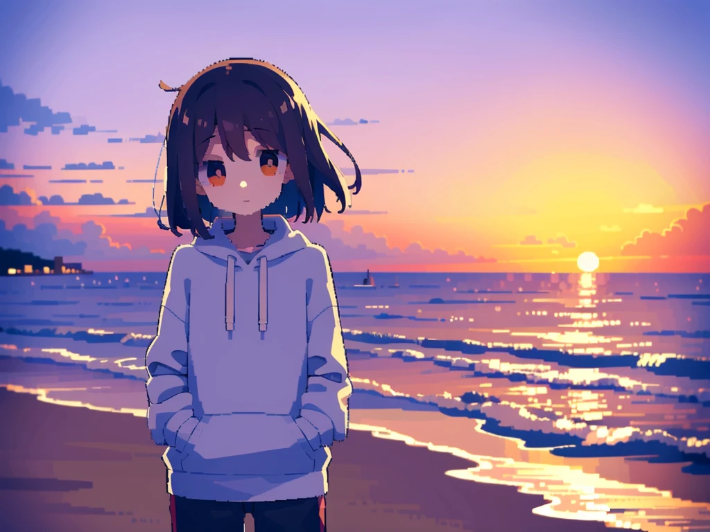 Sunset on the seaside road，A 17-year-old girl is looking at the camera with a reluctant look，Pixel style，Wearing a sweatshirt with his hands in his pockets, standing sideways，Upper Body，在镜头中的构图小且Located in the lower right corner of the camera，The lens is wide-angle and atmospheric，Located in the lower right corner of the camera，Pixel style