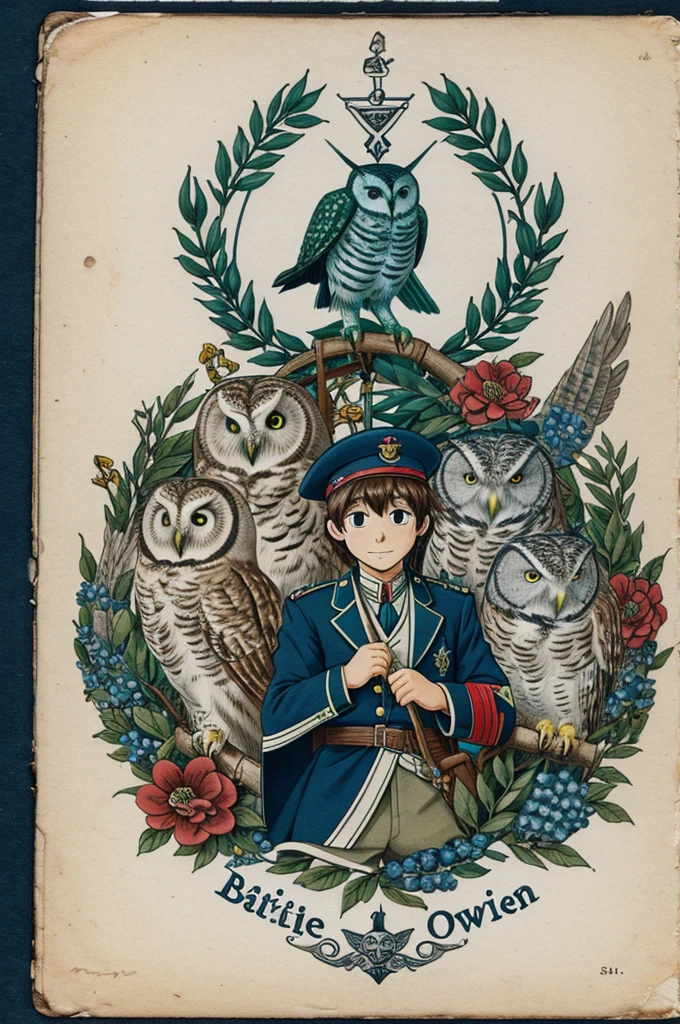 Image of a war band with an owl in the middle with the colors white green navy blue anime type
